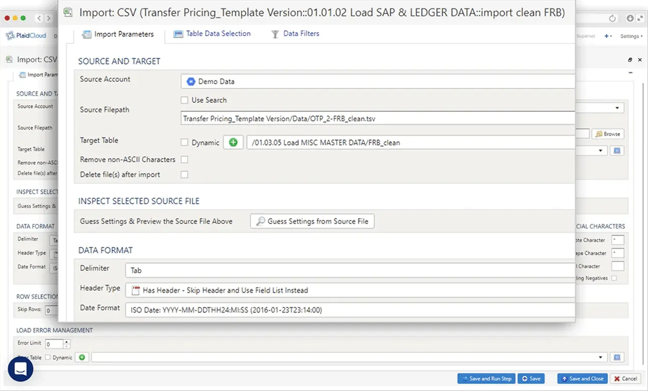 PlaidCloud Import CSV configuration screen