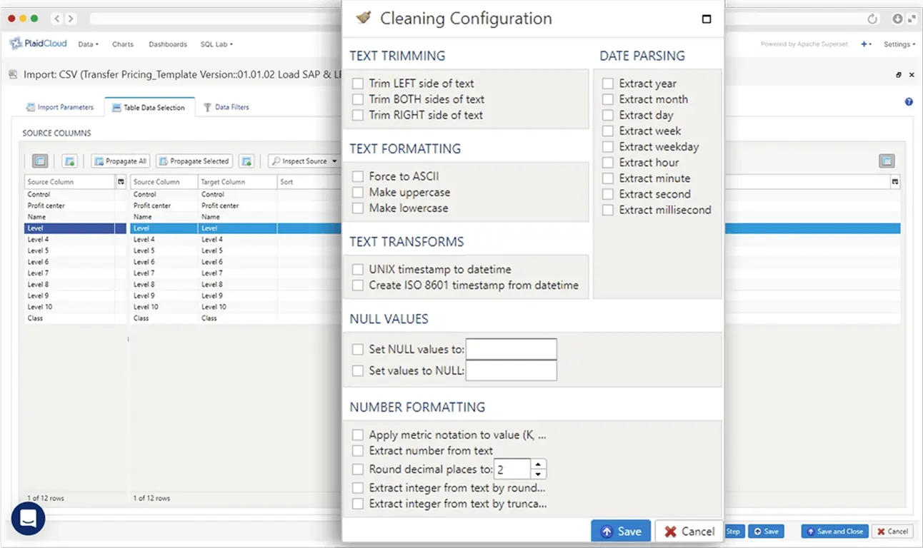 PlaidCloud cleaning configuration screen