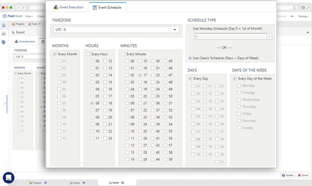 PlaidCloud event schedule UI