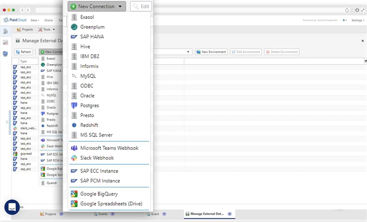 PlaidCloud New Connection picker with database vendor list