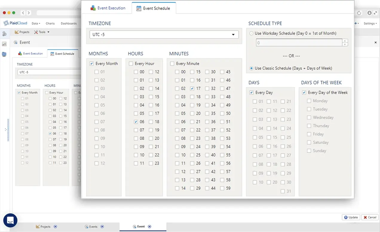 PlaidCloud event schedule configuration